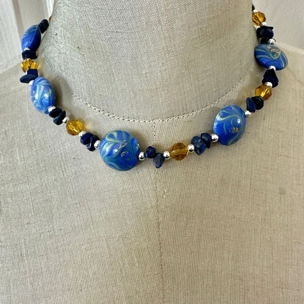 Latasia Blue Swirl Bead & Lapis Chip Statement Necklace